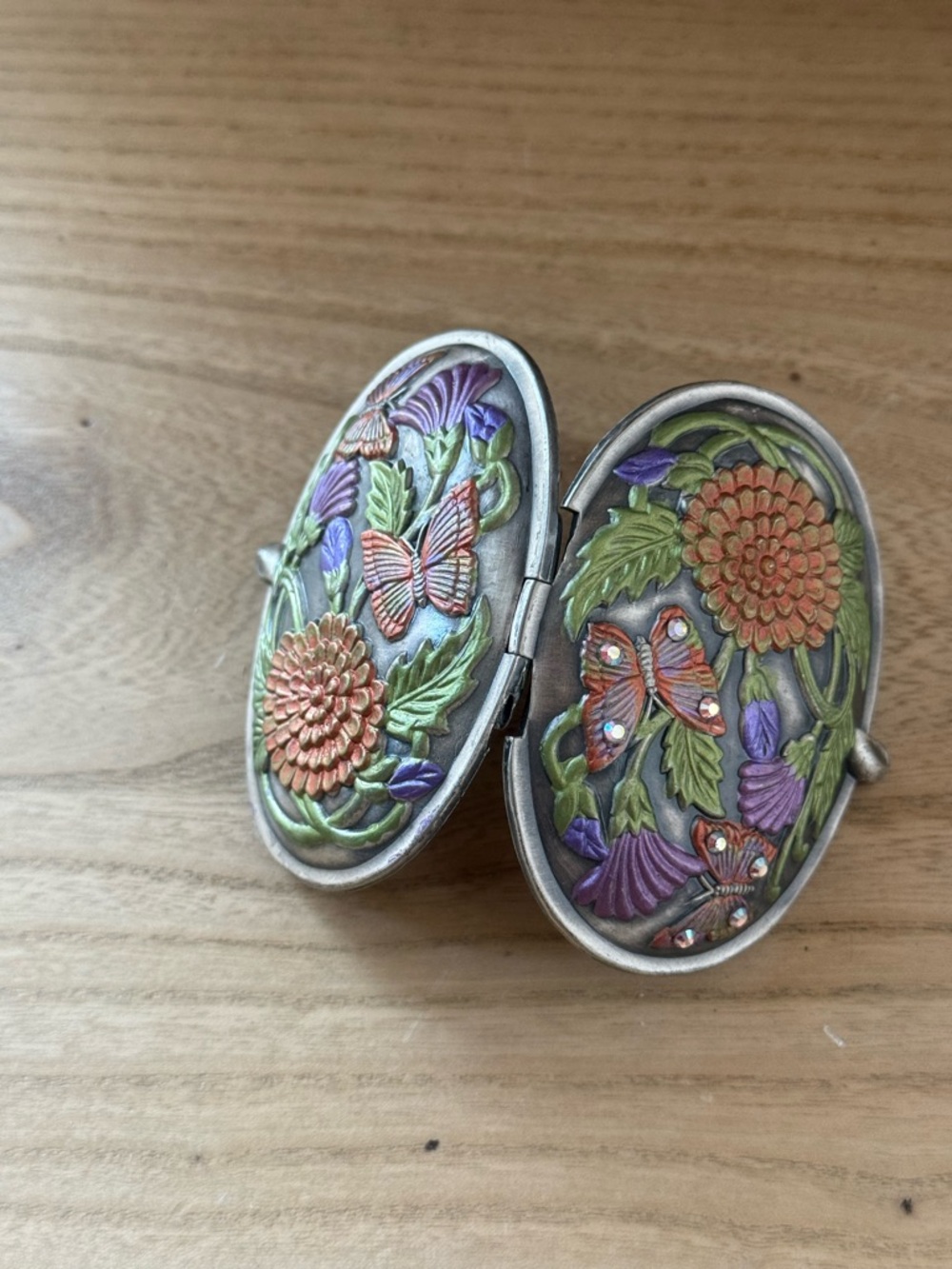 Vintage Annport Butterfly Floral Trinket Box Mirror Enamel Pewter